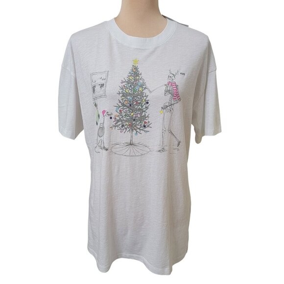 American Eagle Outfitters Tops - American Eagle Size XS/S Skeleton & Skeleton Dog Decorating Tree Holiday T-Shirt